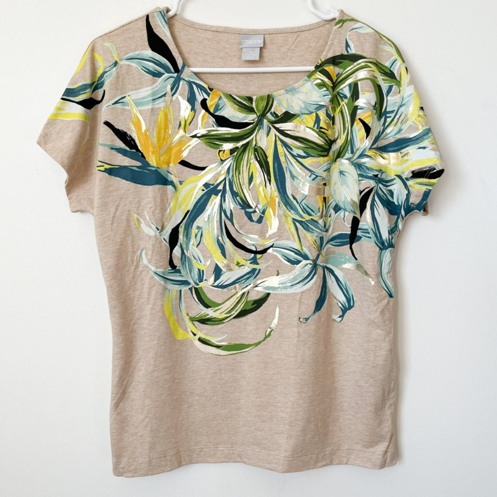 Chico's Tan Tropical Floral Metallic Short Sleeve Tee Top Womens Small‎